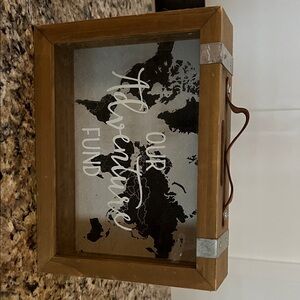 Wooden Travel Fund Box with World Map and Script